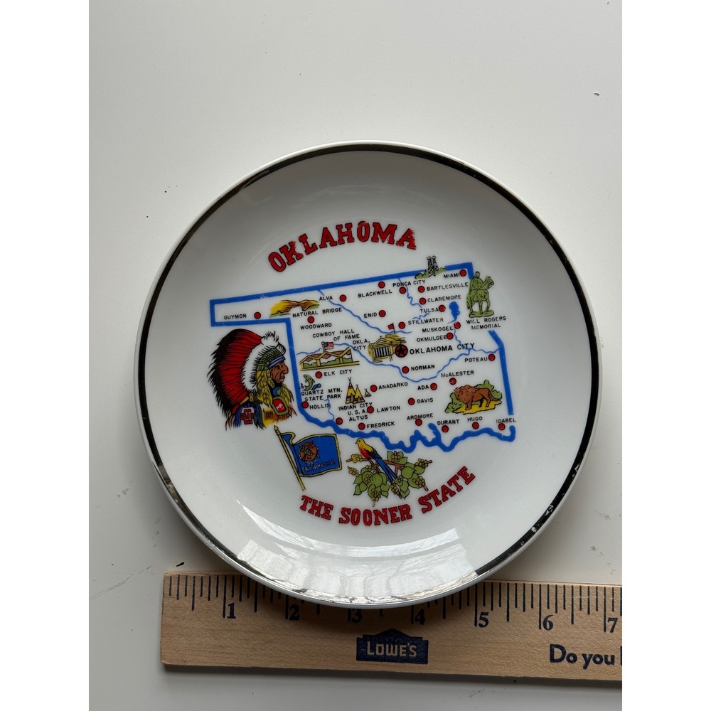Oklahoma The Sooner State Decorative Plate Indian‎ Chief Bird Map Souvenir